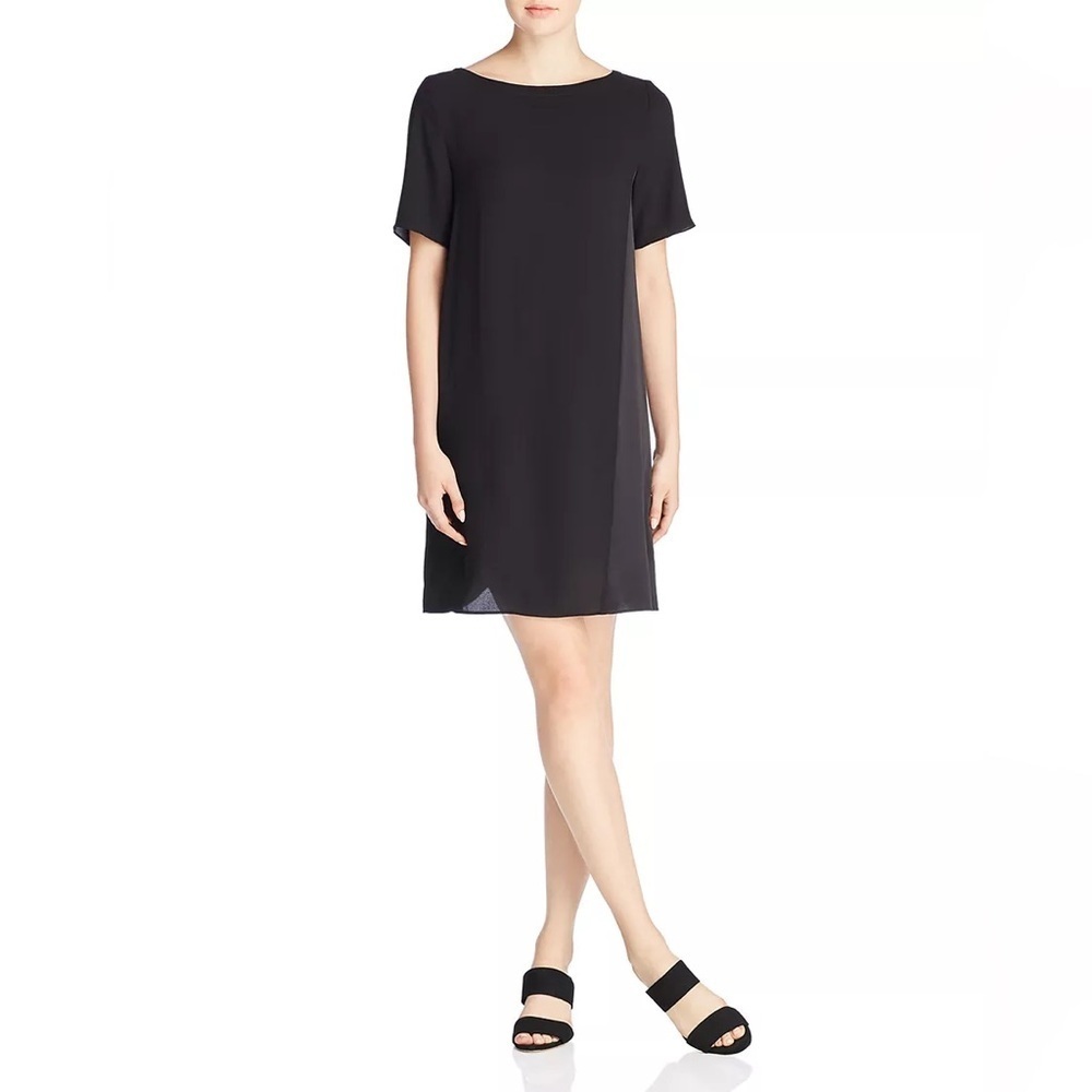 Eileen Fisher 100% Silk Black Mini Shift Dress minimalist modern classic clean